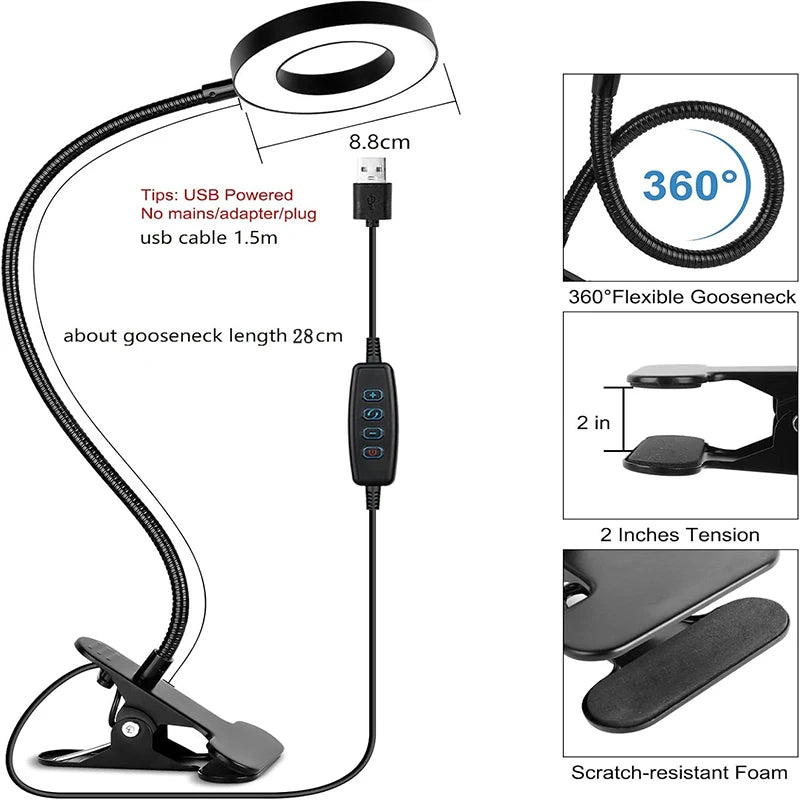 Reading Desk Lamp Bed Dimmable, 3 Modes & 10 Dimming Levels USB Clamp Lamps 360° Flexible Book Clip