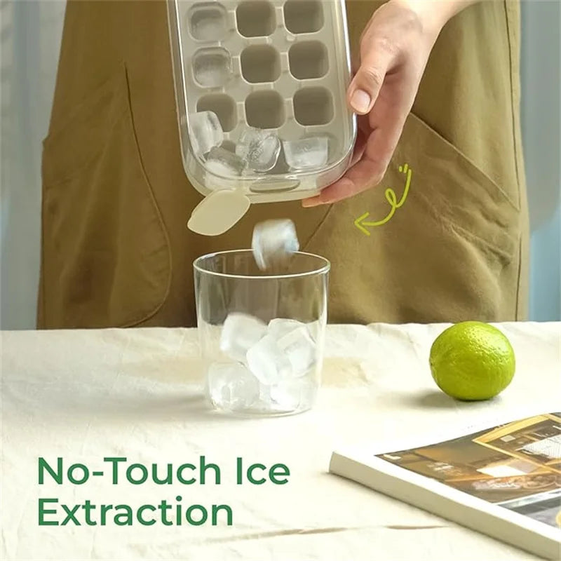 Ice Cube Tray with Lid & Bin – Quick-Fill Easy Press No-Touch Release Freezer Mold (7/14/21 Pcs)