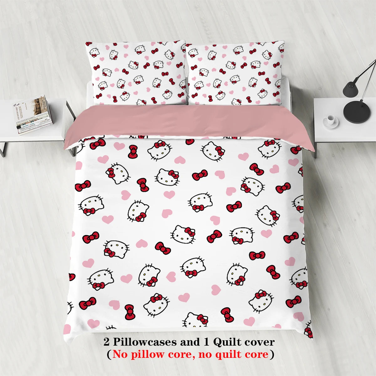 3-piece cartoon pink Hello Cat print duvet cover set (1 duvet cover+2 pillowcases, no core) comfortable bedding set