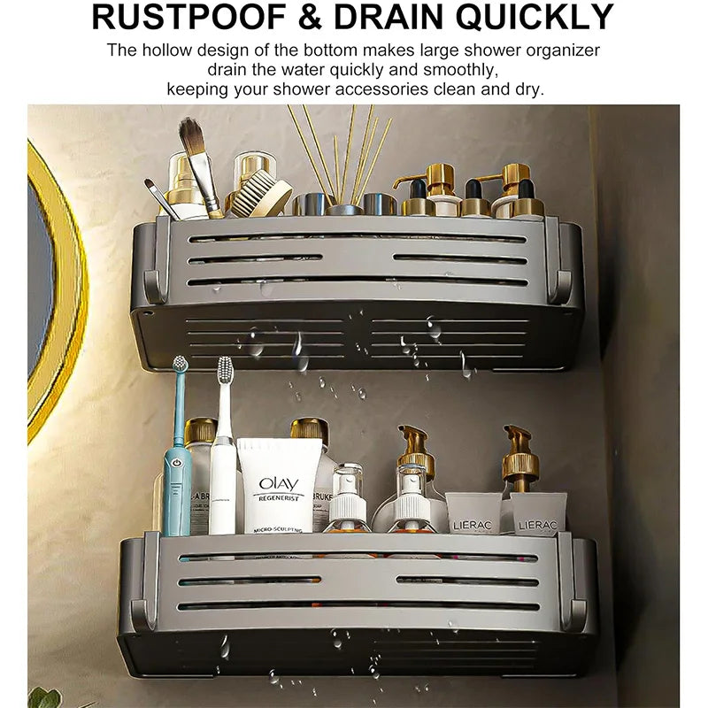 Space Aluminum Bathroom Shelf Self Adhesive Wall Mount Shower Rack No Drill Shampoo Hanger Bath Room Makeup Basket Storage Caddy