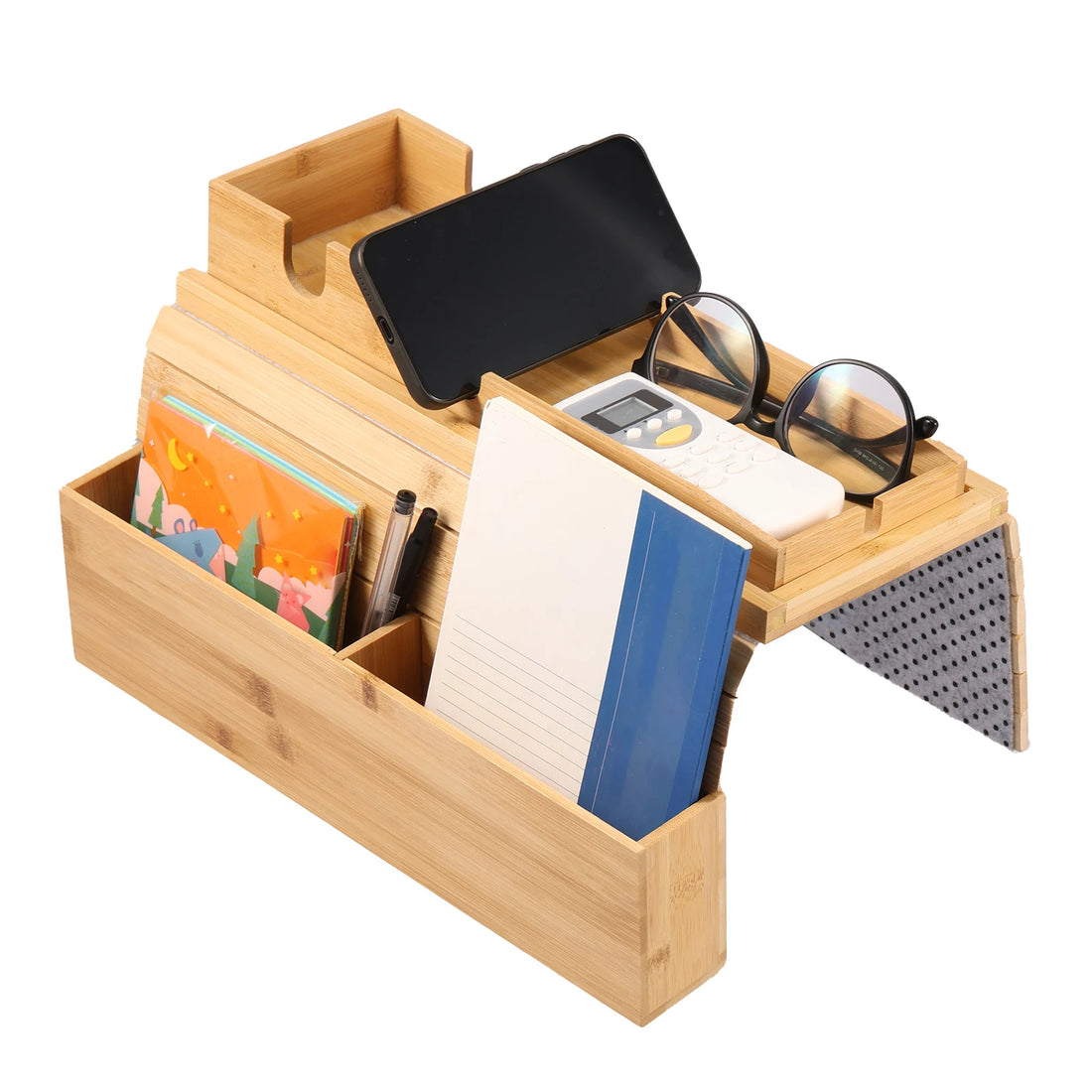 Bamboo Sofa Armrest Cup Holder Tray with Storage Organizer