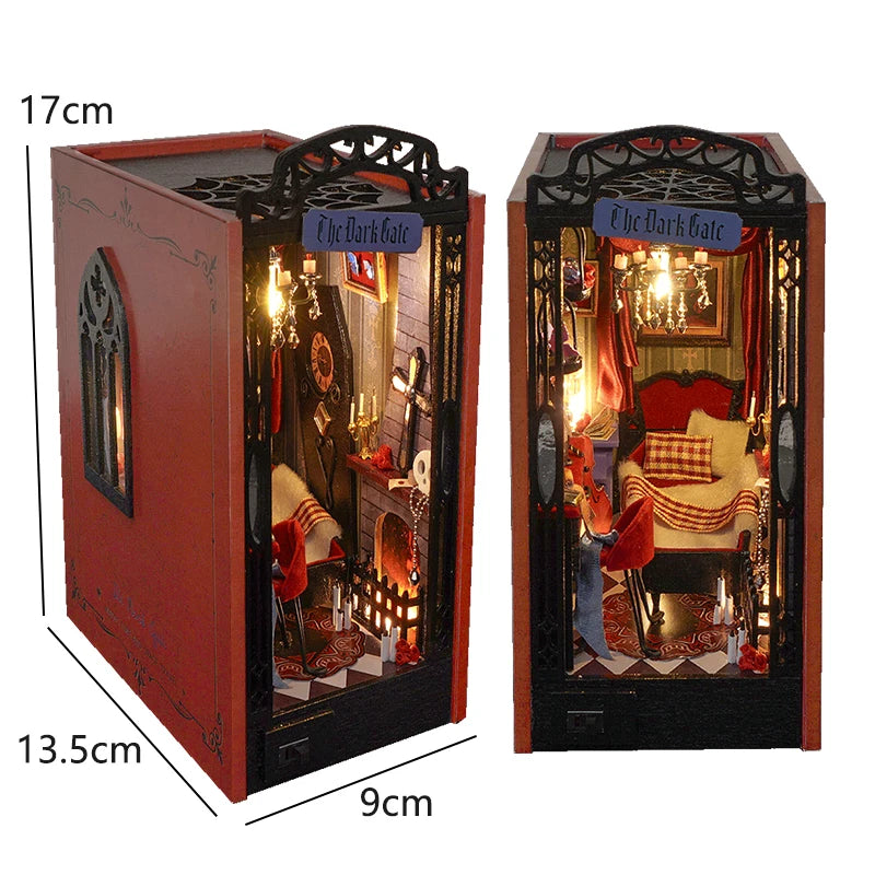 DIY Book Nook Kit Bookend Kit Wooden Doll House Bookshelf Insert Decor With Warm Light 3D Puzzle Assembly Building Model Gifts