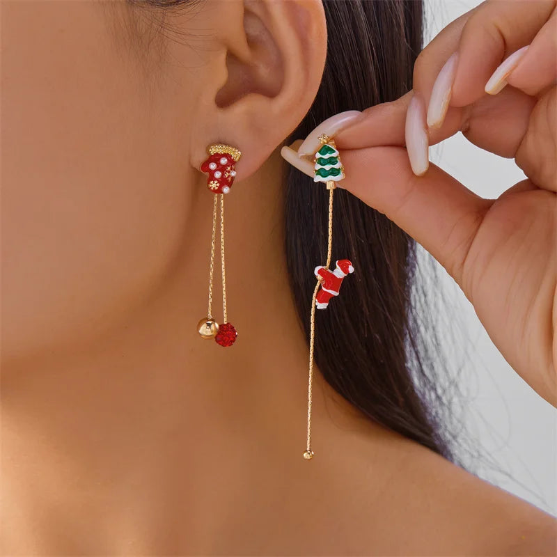 New Design Moving Santa Claus Tassel Dangle Earrings for Women Christmas Tree Snowflake Asymmetric Long Earring New Year Jewelry