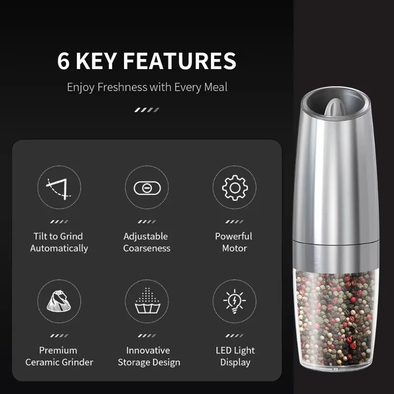 Electric Gravity Salt & Pepper Grinder with Adjustable Coarseness