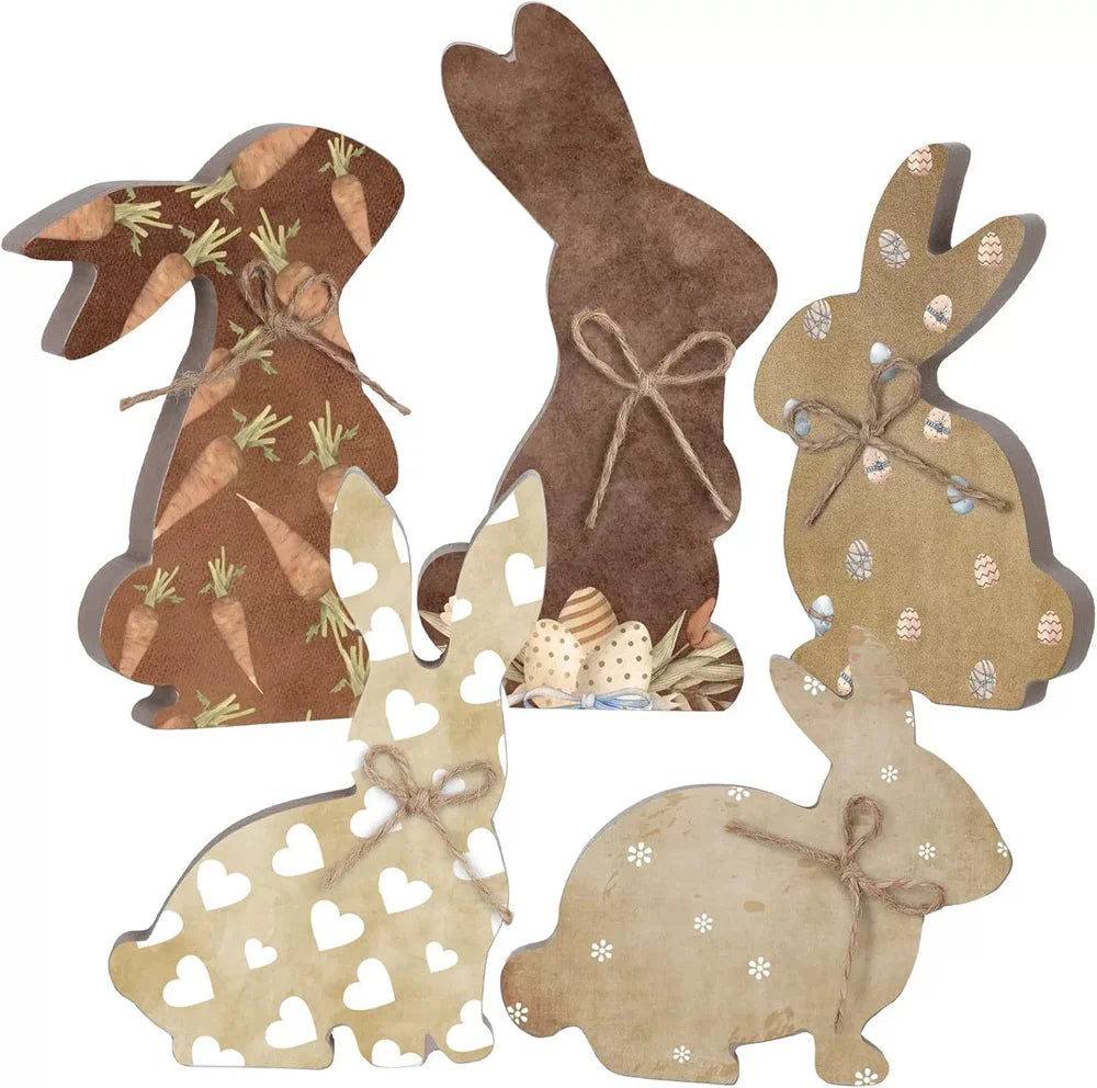 1-5pc Rustic Wooden Easter Bunny Signs Freestanding Rabbit Tabletop Ornament with Bow for Spring Party Home Decor Props Supplies