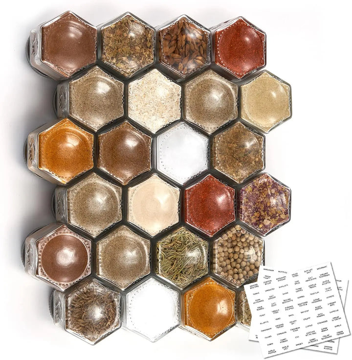 24 Hexagon Magnetic Glass Spice Jars with Shaker Lids and Labels for Kitchen, Fridge, RV