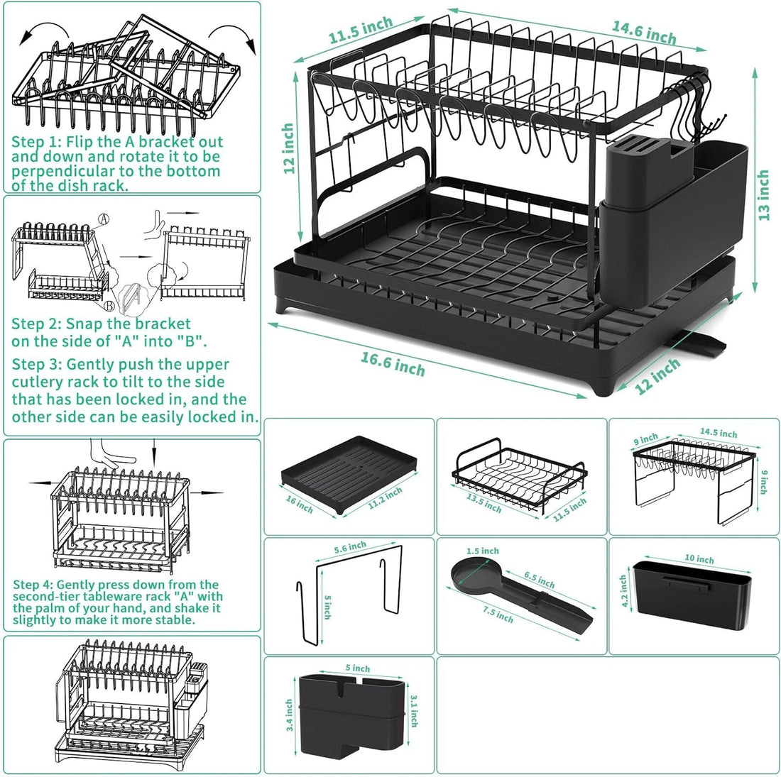 2-Tier Kitchen Dish Drying Rack – Countertop Dish Drainer with Drip Tray