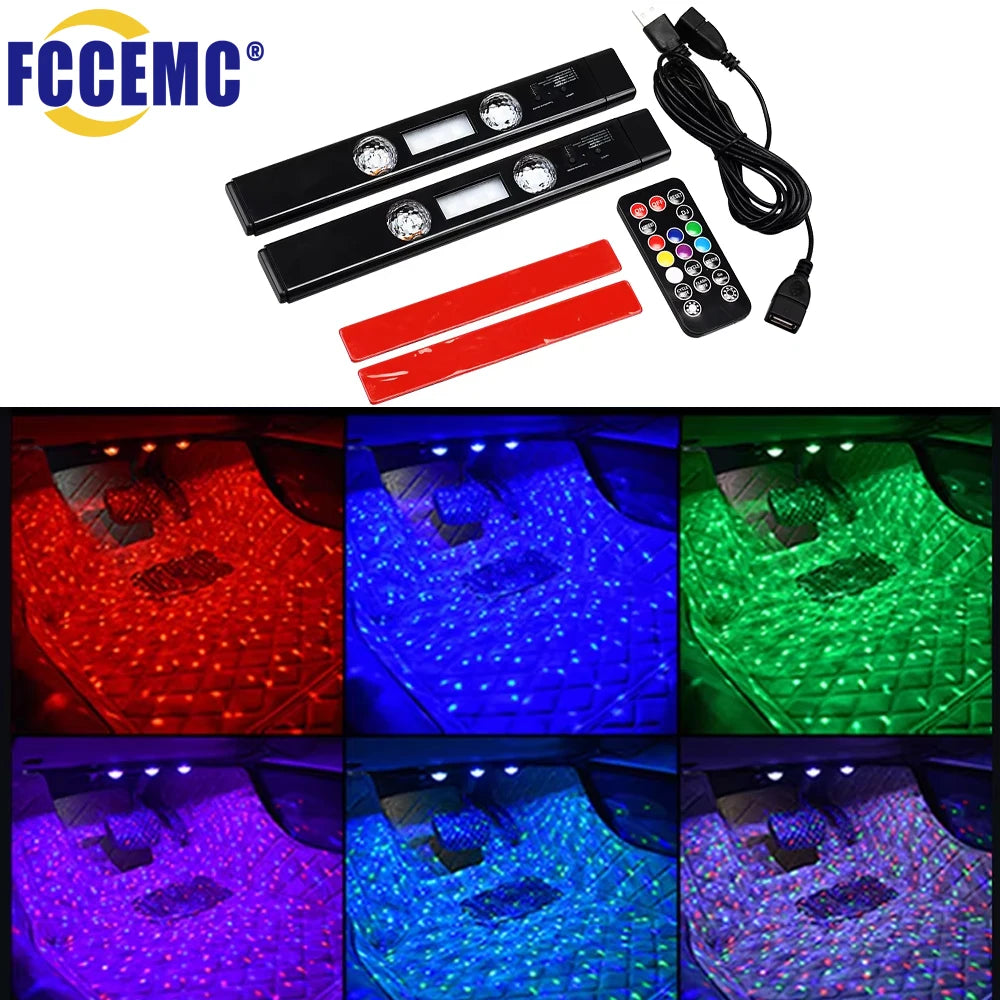2-in-1 LED Car Starry Sky Atmosphere Lamp – USB RGB Roof Star Light with Remote & Wireless Ambient Party Light