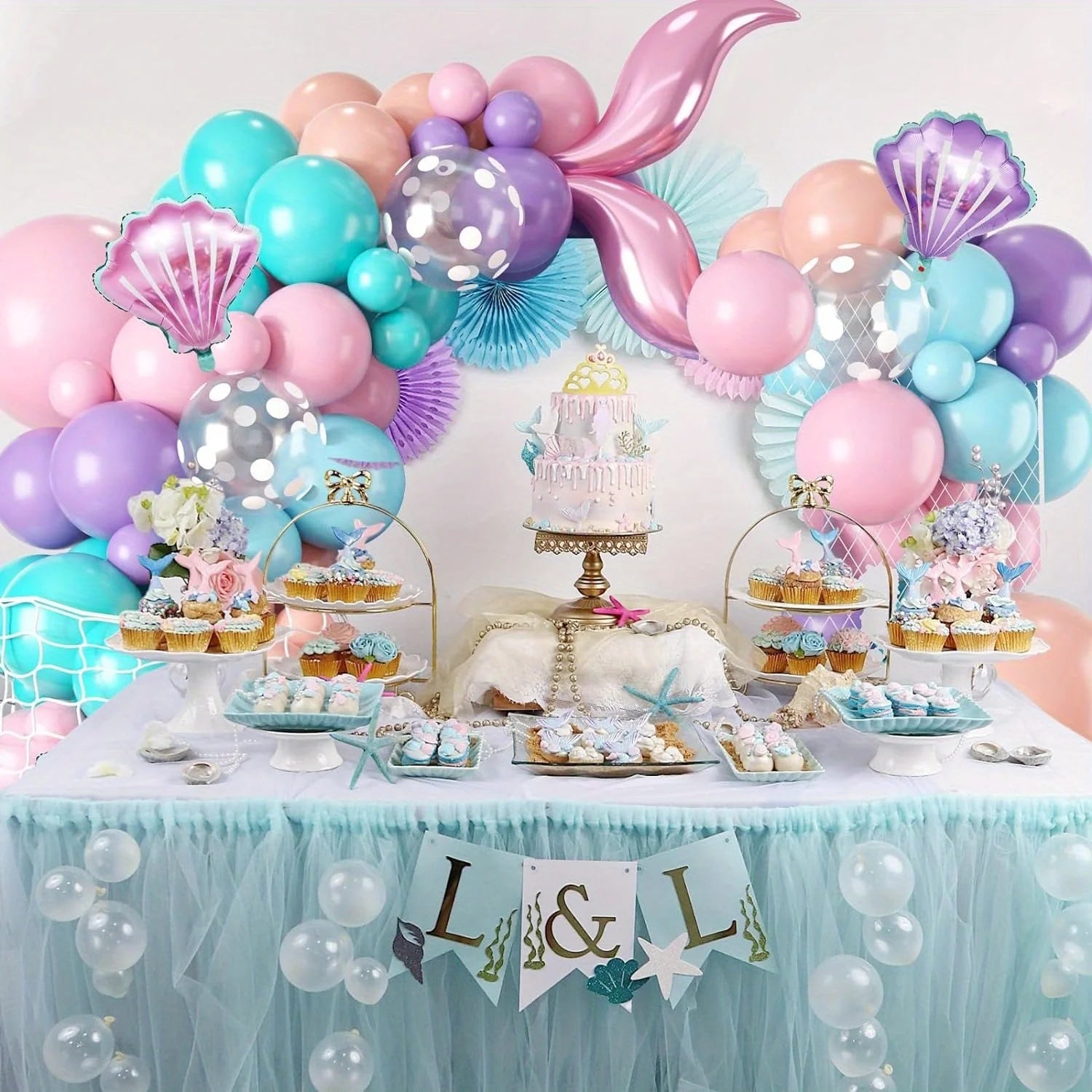 127pcs Mermaid Balloon Arch Set, Pink Purple Orange Blue Dot Balloon Ocean Theme Mermaid Princess Birthday Party Decoration