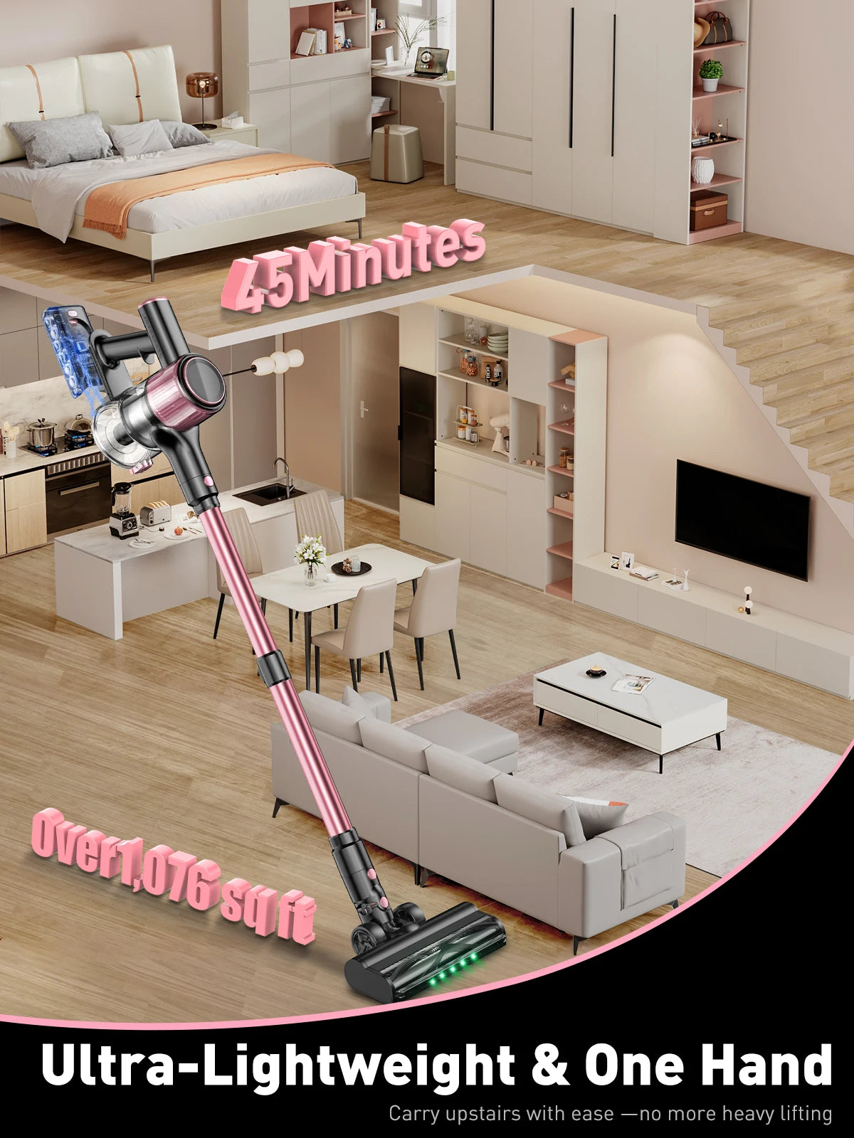 SUXIANGVAC Cordless Stick Vacuum Cleaner – 55Kpa / 500W / 45min, 10-in-1 with Green LED, Anti-Tangle Brush for Pet Hair, Hard Floors & Carpet
