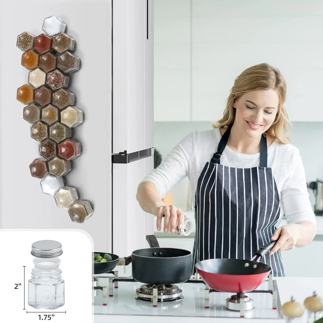 24 Hexagon Magnetic Glass Spice Jars with Shaker Lids and Labels for Kitchen, Fridge, RV