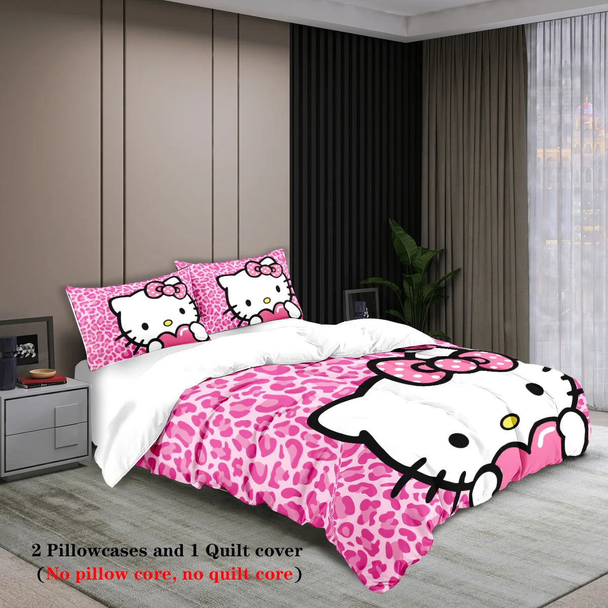 3-piece cartoon pink Hello Cat print duvet cover set (1 duvet cover+2 pillowcases, no core) comfortable bedding set