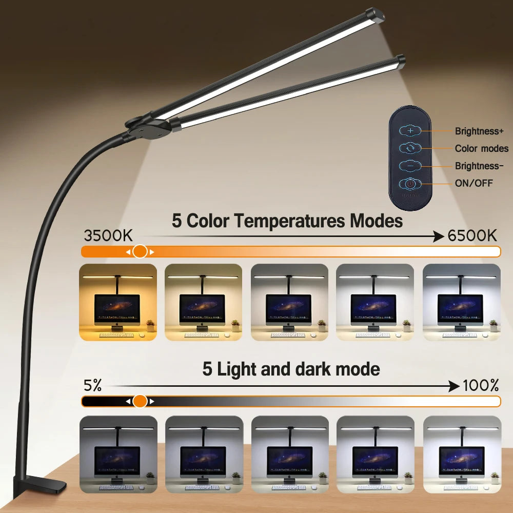 LED Desk Lamp Single Double Head with Stepless Dimming 3 Color Eye-Caring For Home Office Reading Light Adjustable Flexible Lamp