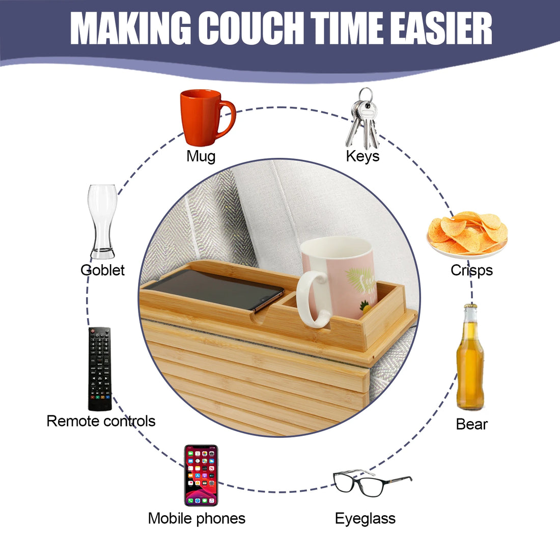 Bamboo Sofa Armrest Cup Holder Tray with Storage Organizer