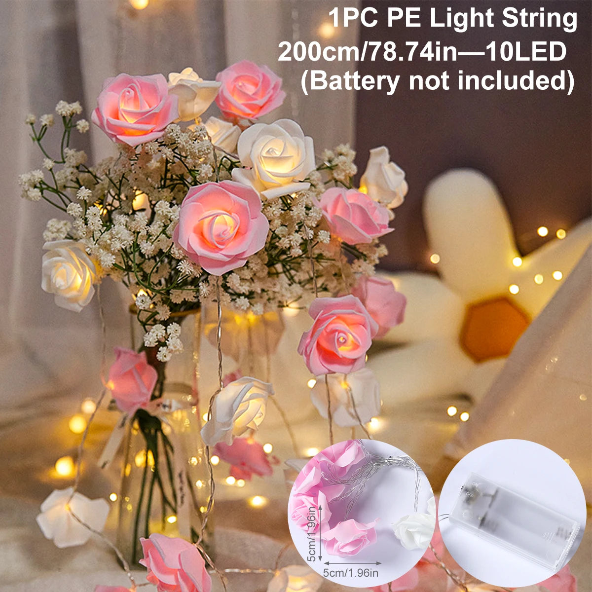 2m 10LED Rose Flowe LED String Lights Garland Wedding Birthday Decor Valentine's Day Gift Christmas Tree Decor for Home Outdoor