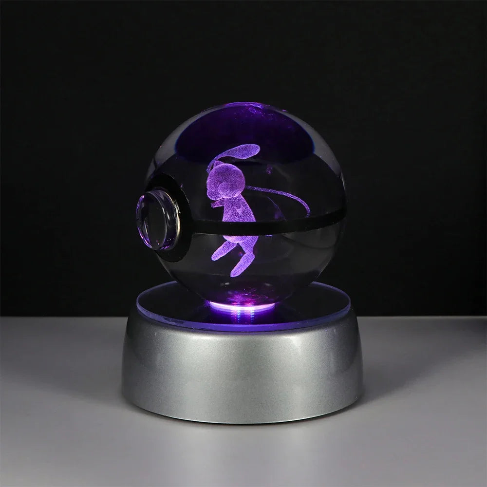 Pokemon 3D Crystal Ball Pikachu Gengar Eevee Mewtwo Anime Game Pokeball Led Night Light Base Kids Birthday Gift Home Decoration