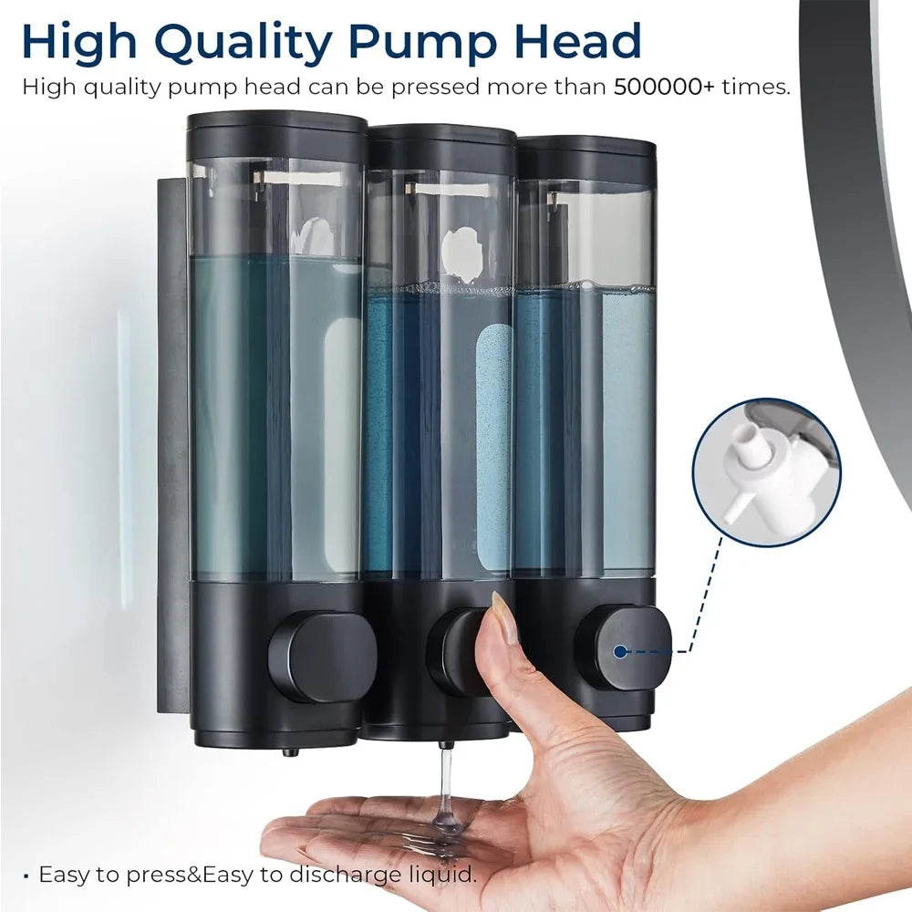 Liquid Soap Dispenser Three-Head  Shower and Lotion Dispenser Waterproof Shampoo Gel Container Wall Mount with Clear Window