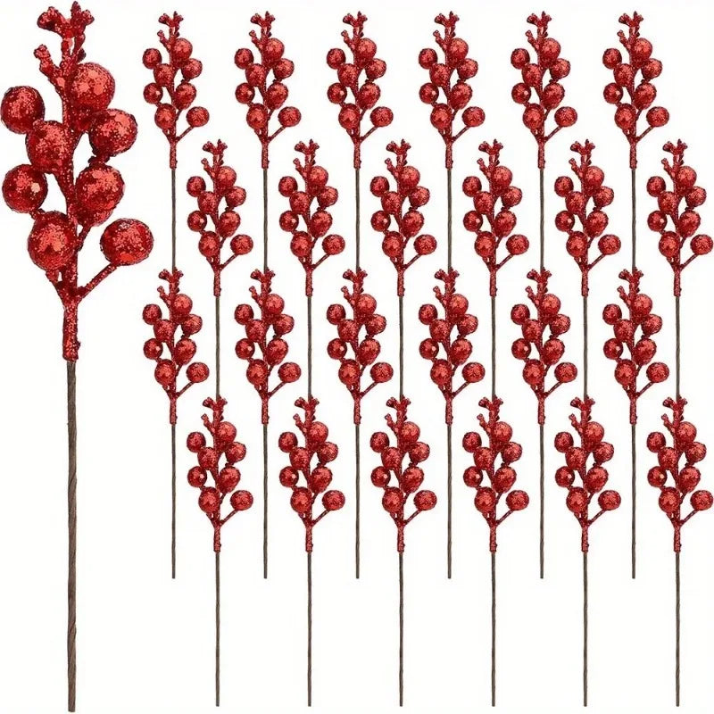 10Pcs Christmas Decoration Artificial 15heads Sparkling Berry Bouquet Xmas Tree Ornaments for Home Decor New Year Party Supplies