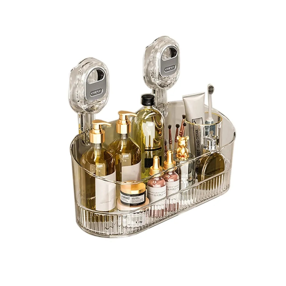 Transparent Suction Cup Makeup Organizer – No-Drill Wall Mounted Cosmetic Storage Box with Large Capacity