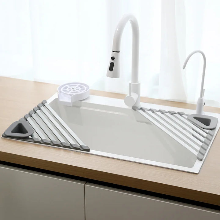 Aluminum Triangle Dish Drying Rack Sink Corner Roll Up Folding Drain Basket Sponge Brush Scouring Pad Rag Storage Rack 1Pc