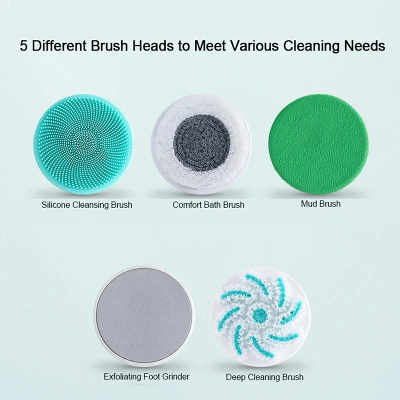 5 in 1 Electric Shower Cleaning Brush Set Rechargeable Long Handle Silicone Back Rubbing Brush for Bath Body Cleaning & Massage