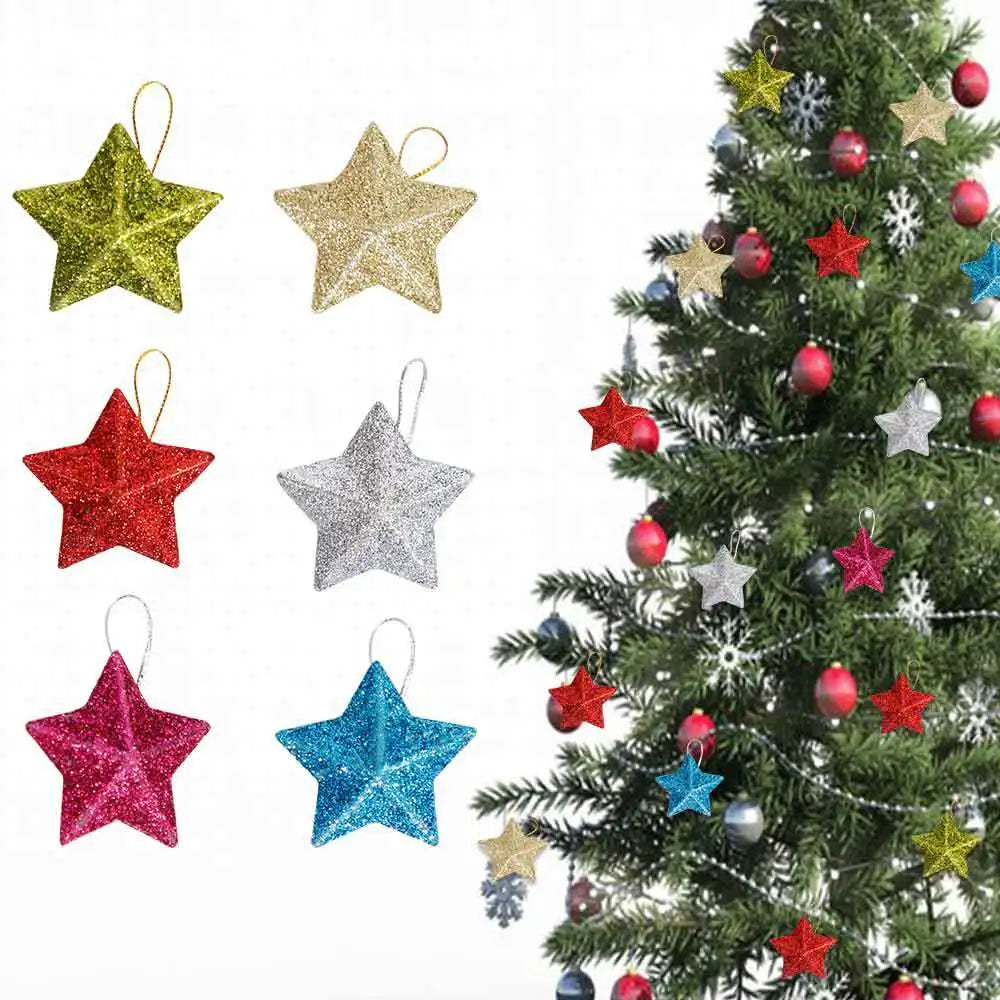 6Pcs Glitter Gold Silver Star Christmas Ornaments Star Embellishments Pendants for Xmas Tree Hanging Christmas Party Decorations