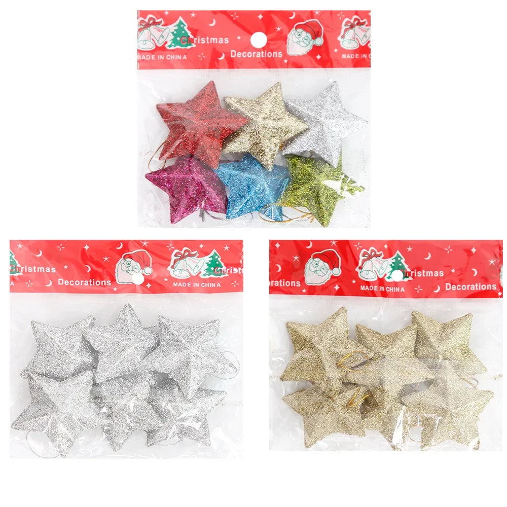 6Pcs Glitter Gold Silver Star Christmas Ornaments Star Embellishments Pendants for Xmas Tree Hanging Christmas Party Decorations