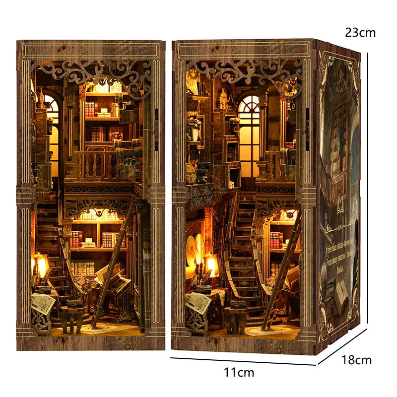 DIY Book Nook Kit Bookend Kit Wooden Doll House Bookshelf Insert Decor With Warm Light 3D Puzzle Assembly Building Model Gifts
