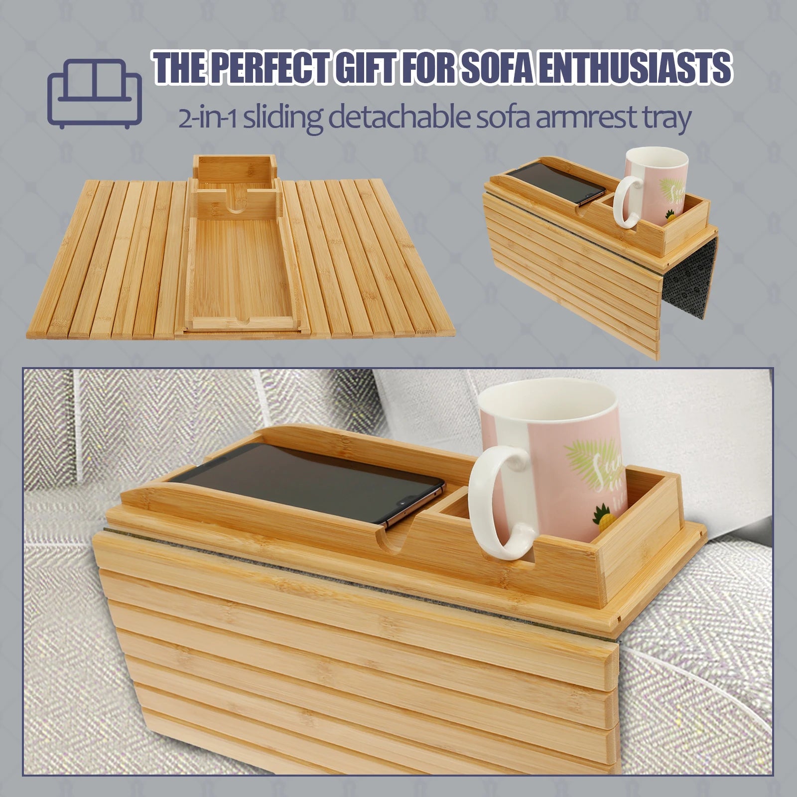 Bamboo Sofa Armrest Cup Holder Tray with Storage Organizer