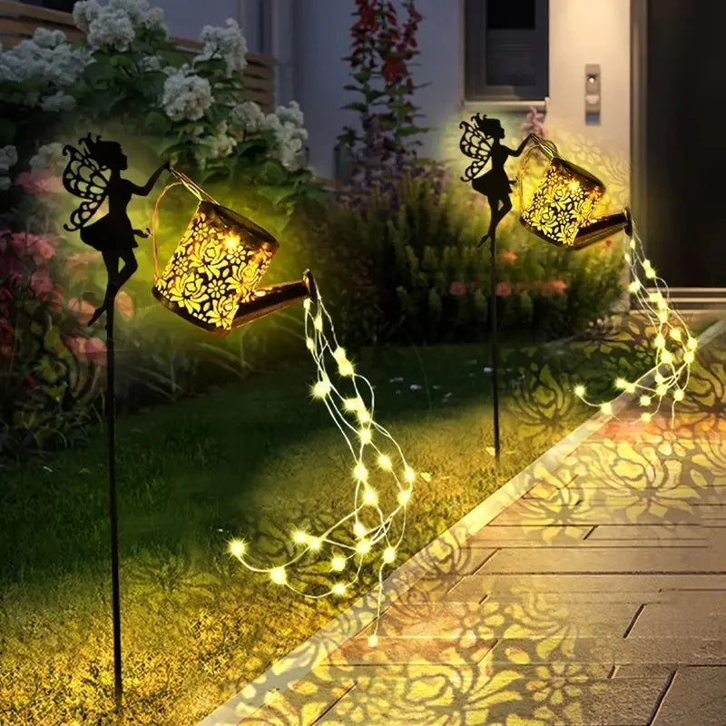 Solar Watering Can Garden Lights – Outdoor Waterfall String Fairy Lights with Kettle Projection