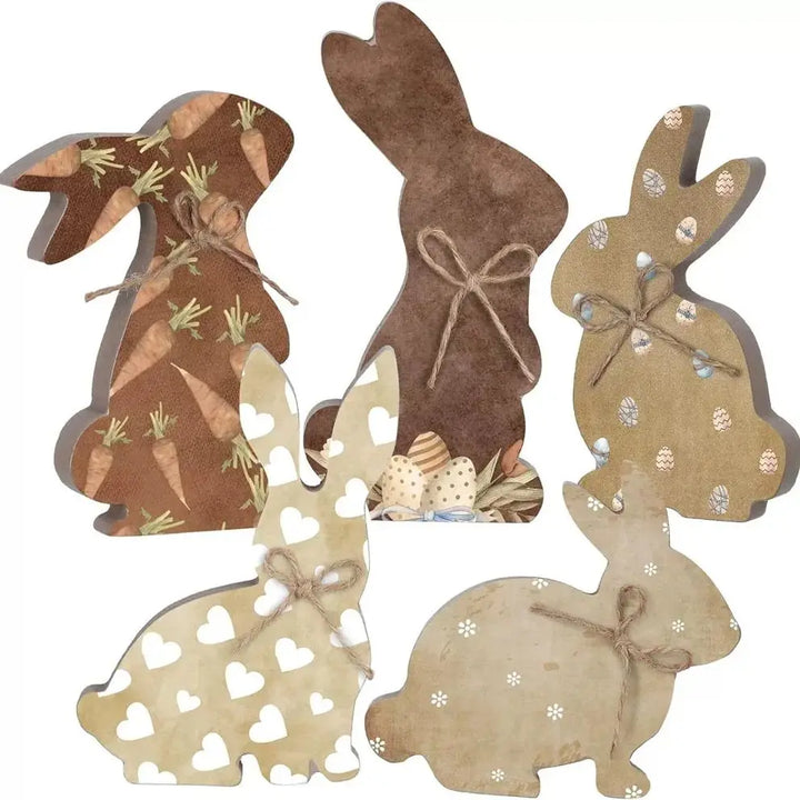 1-5pc Rustic Wooden Easter Bunny Signs Freestanding Rabbit Tabletop Ornament with Bow for Spring Party Home Decor Props Supplies