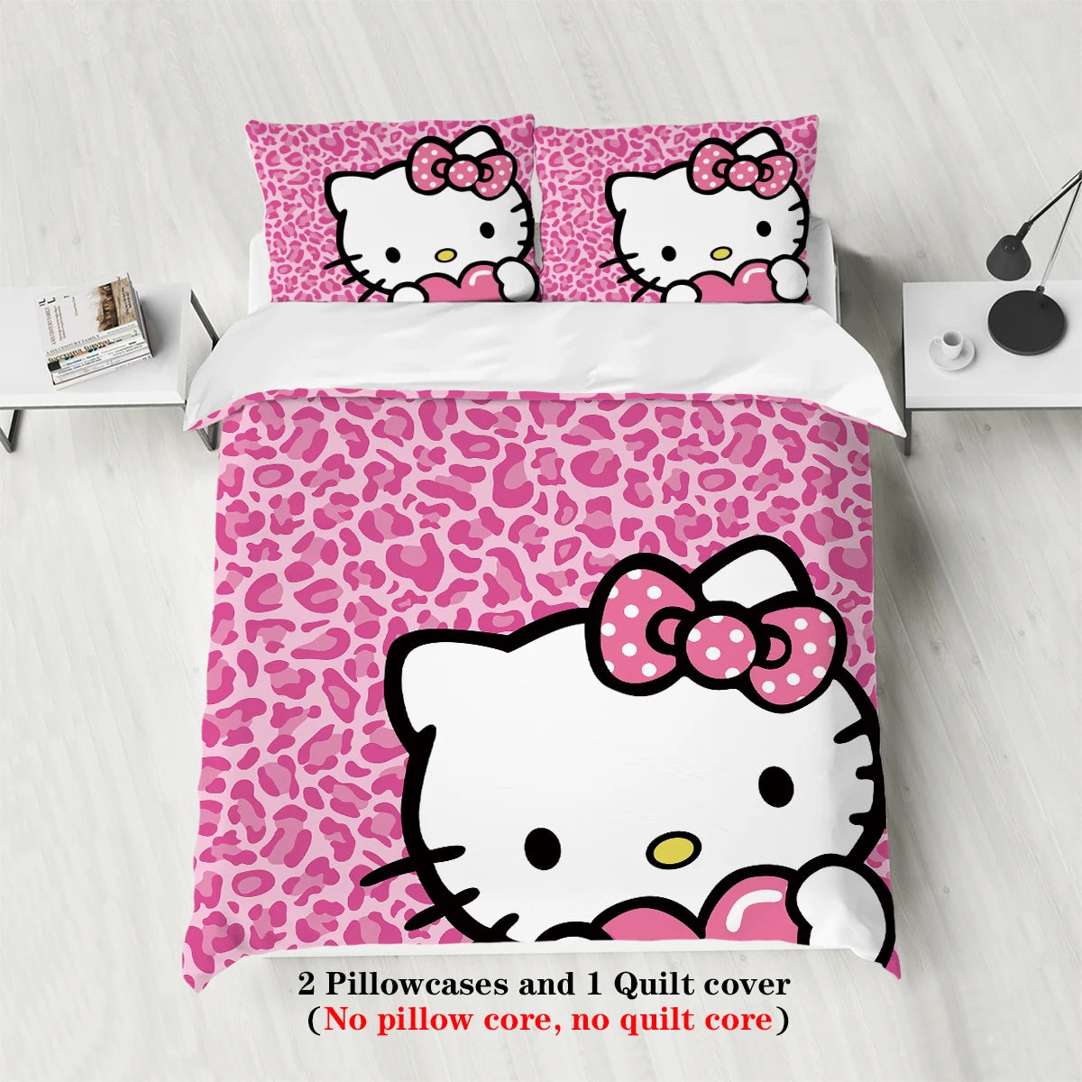3-piece cartoon pink Hello Cat print duvet cover set (1 duvet cover+2 pillowcases, no core) comfortable bedding set