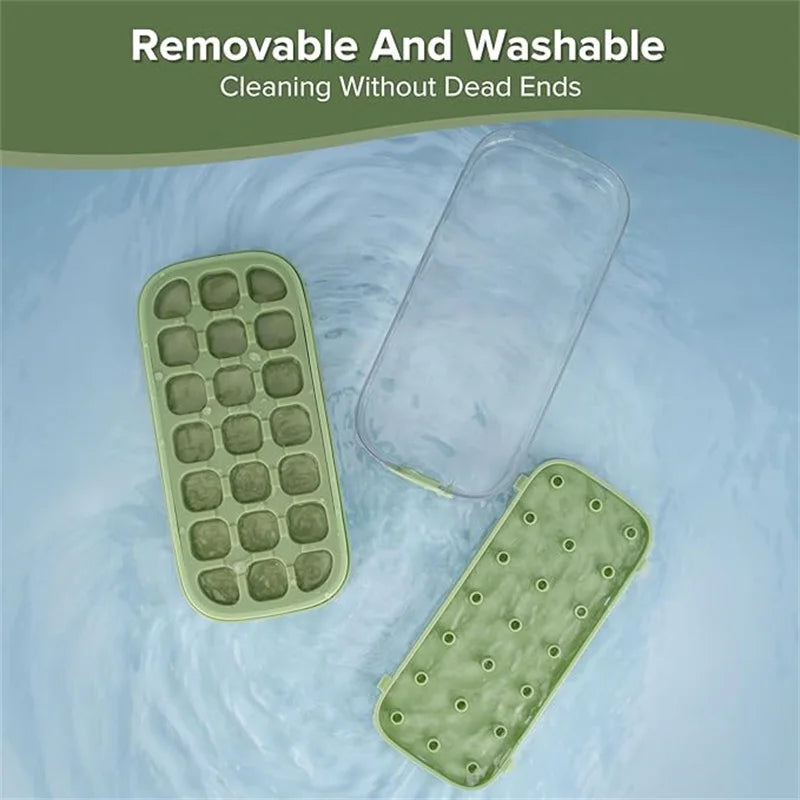 Ice Cube Tray with Lid & Bin – Quick-Fill Easy Press No-Touch Release Freezer Mold (7/14/21 Pcs)