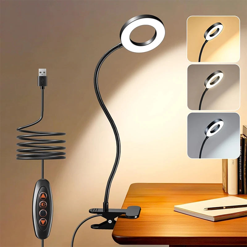 Reading Desk Lamp Bed Dimmable, 3 Modes & 10 Dimming Levels USB Clamp Lamps 360° Flexible Book Clip