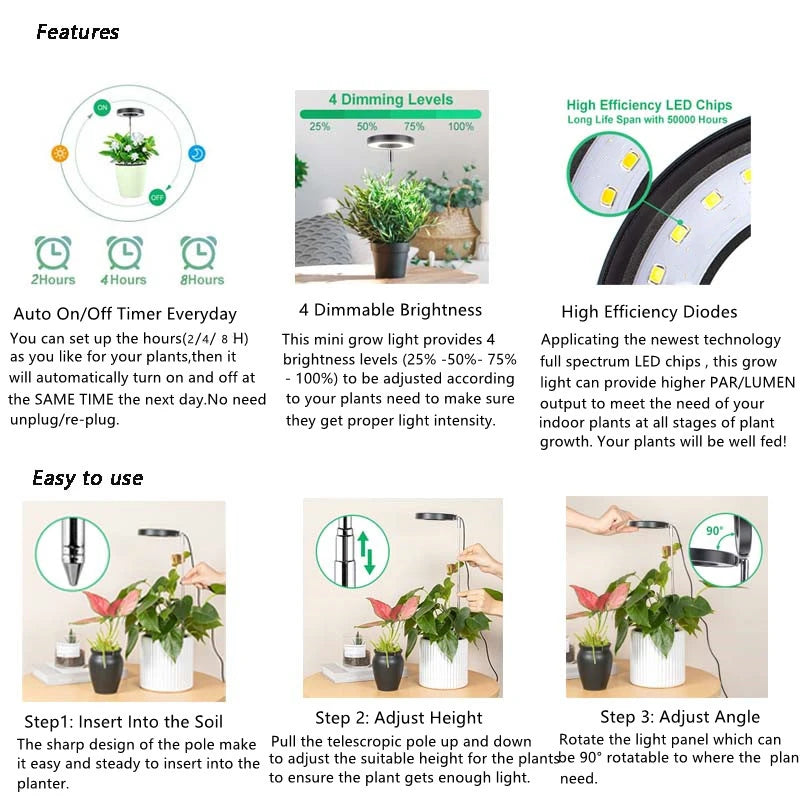 Plant Grow Light – Full Spectrum LED Growing Lamp with Auto Timer, Height Adjustable, 5V for Indoor Plants