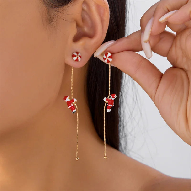 New Design Moving Santa Claus Tassel Dangle Earrings for Women Christmas Tree Snowflake Asymmetric Long Earring New Year Jewelry