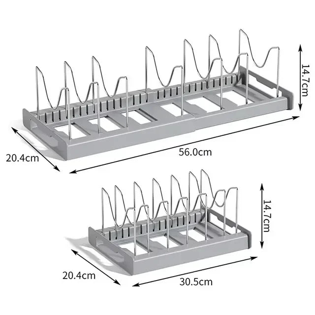 Expandable Pans & Pot Organizer Rack – 7 Adjustable Compartments Dish Storage Rack for Kitchen Cabinet