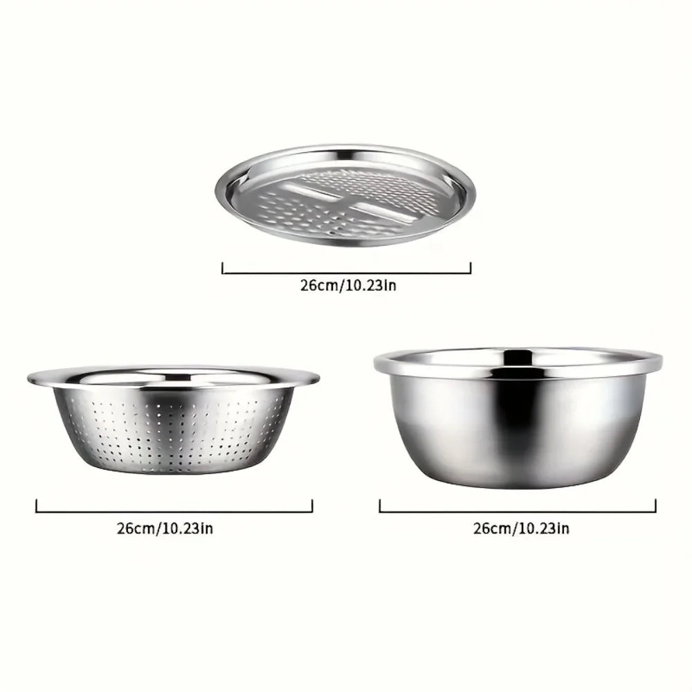 3-Piece Vegetable Slicer Set – Stainless Steel Slicer, Potato Grater & Washing Basin Drain Basket