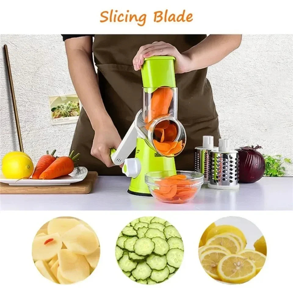 Vegetable Cutter & Slicer Manual Kitchen Cheese Chopper Machine with 3 Sharp Drums Multifunctional Garlic Potato Shredder