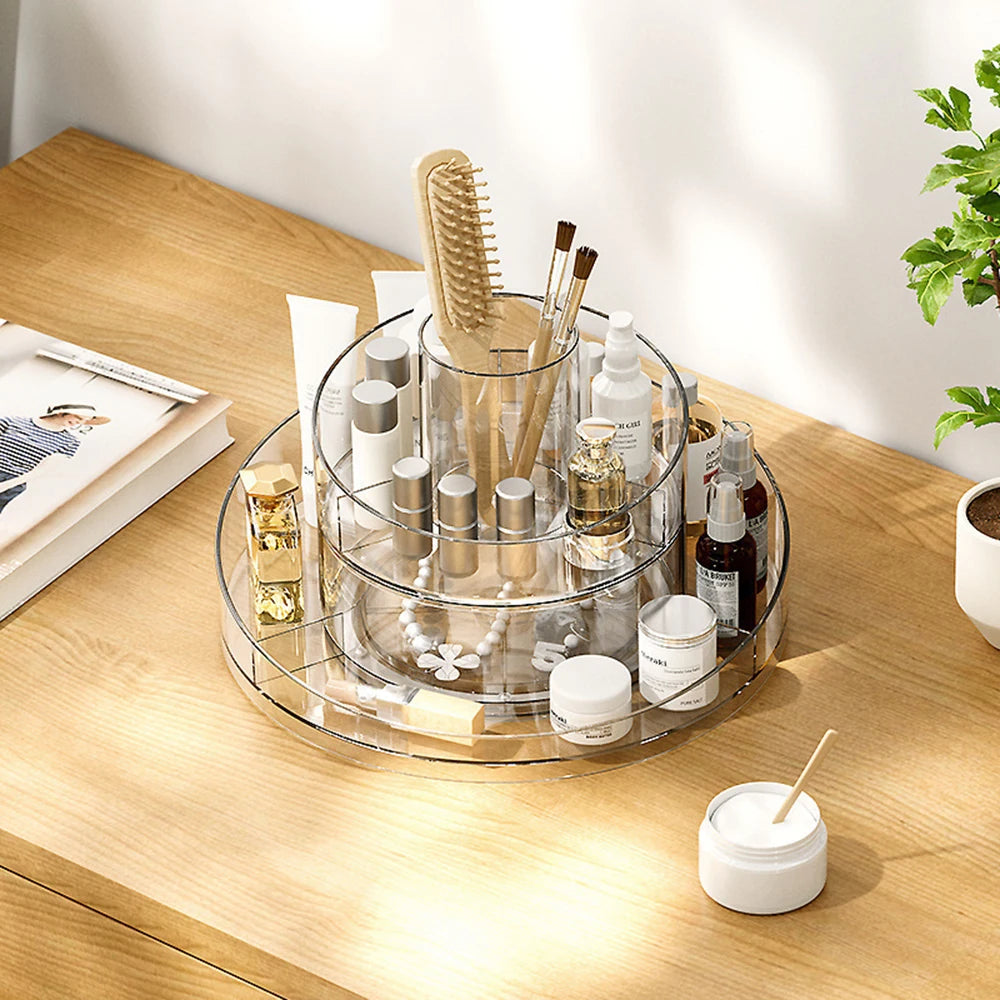 360° Rotating Desktop Cosmetic Storage Box – Acrylic Transparent Skincare Product Tray & Shelf