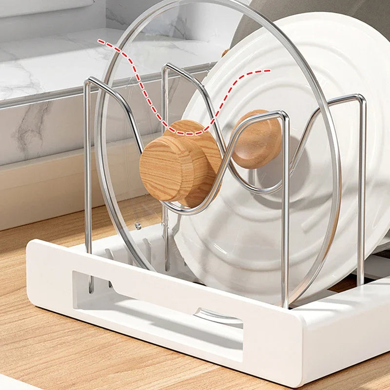 Expandable Pans & Pot Organizer Rack – 7 Adjustable Compartments Dish Storage Rack for Kitchen Cabinet