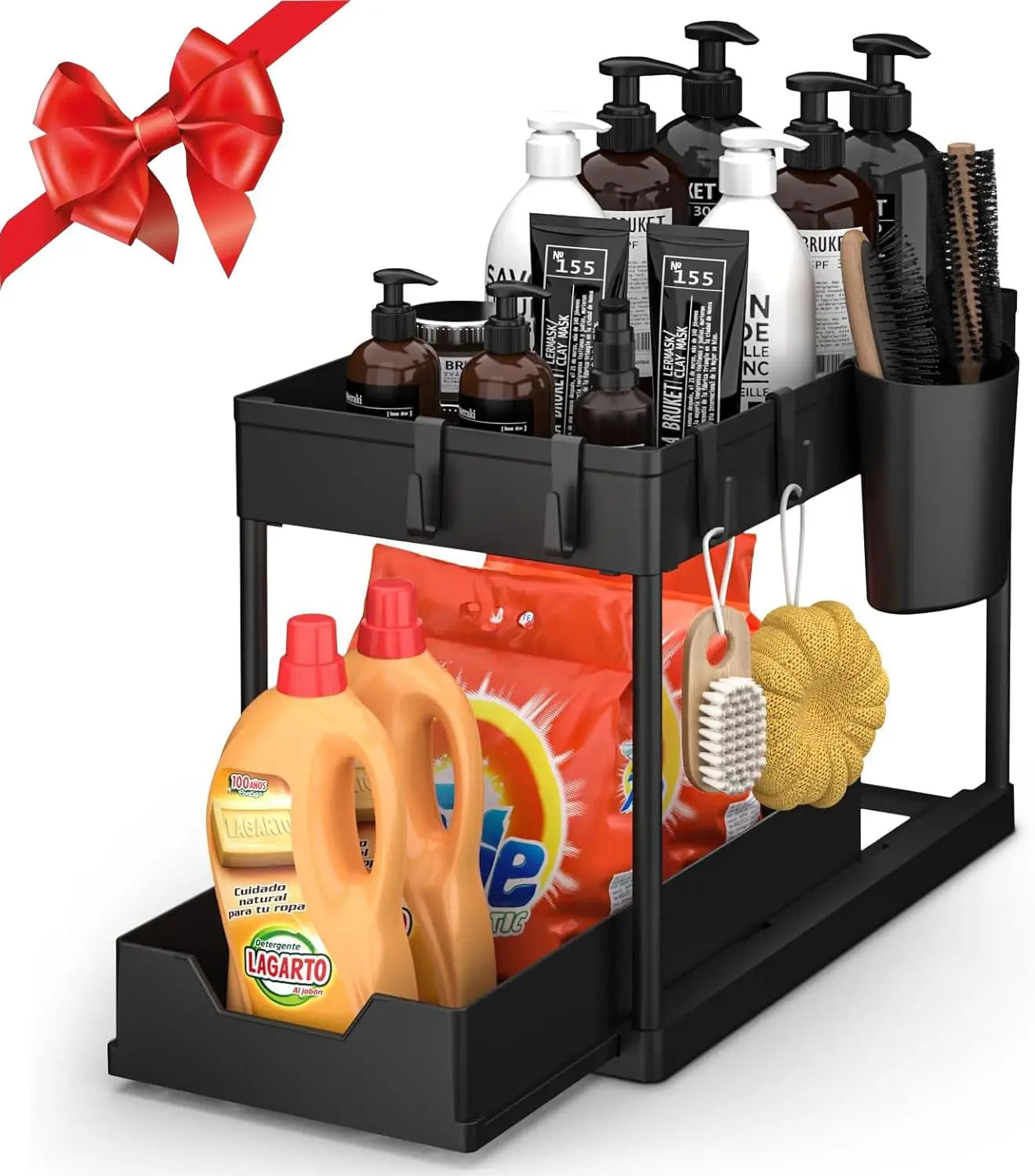 Organizadores para debajo del fregadero, de 2 niveles, con ganchos y taza para colgar, estante de almacenamiento multiusos para cocina.