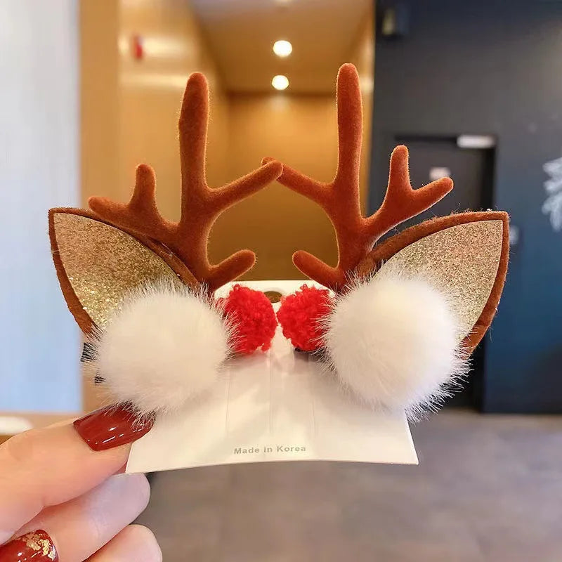 2pcs/Set Kawaii Christmas Elk Ear Hair Clip Women Girl Santa Snowman Hairpin Xmas Party Barrettes For Kids Cosplay Headwear