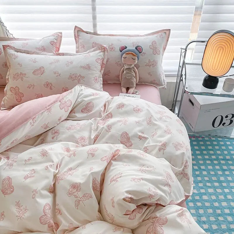Pink Flowers Duvet Cover Set Ins Fashion Single Queen Size Girls Boys Flat Sheet Pillowcase No Filler Home Decor Bedding Set