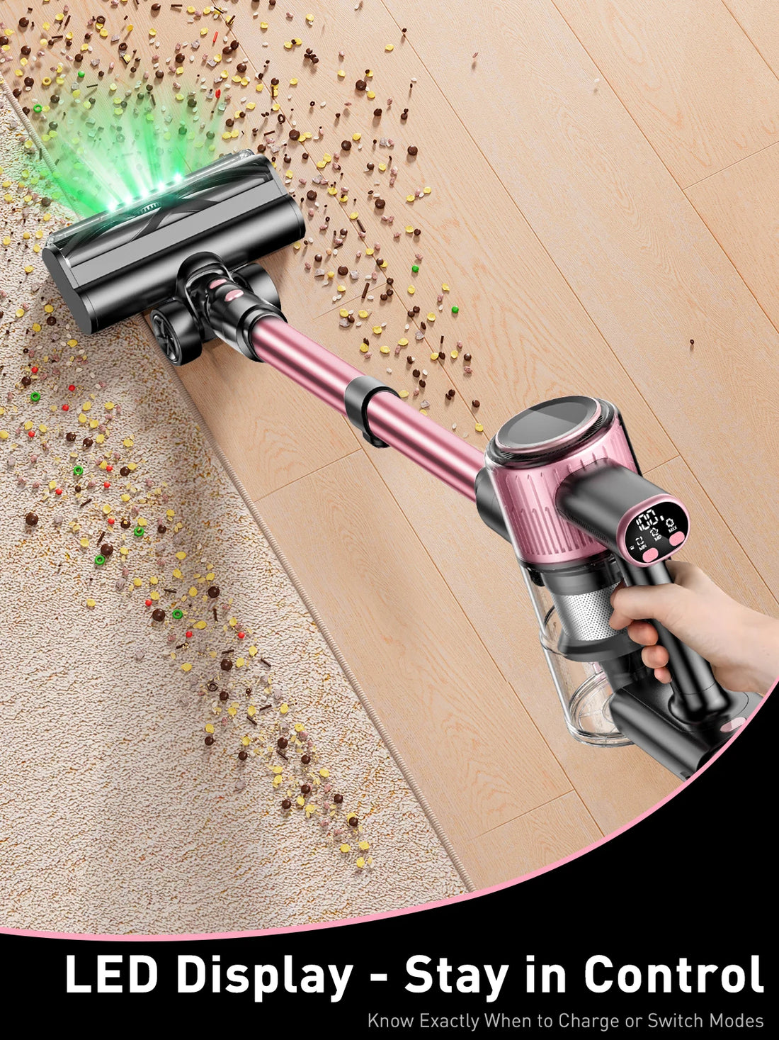 SUXIANGVAC Cordless Stick Vacuum Cleaner – 55Kpa / 500W / 45min, 10-in-1 with Green LED, Anti-Tangle Brush for Pet Hair, Hard Floors & Carpet