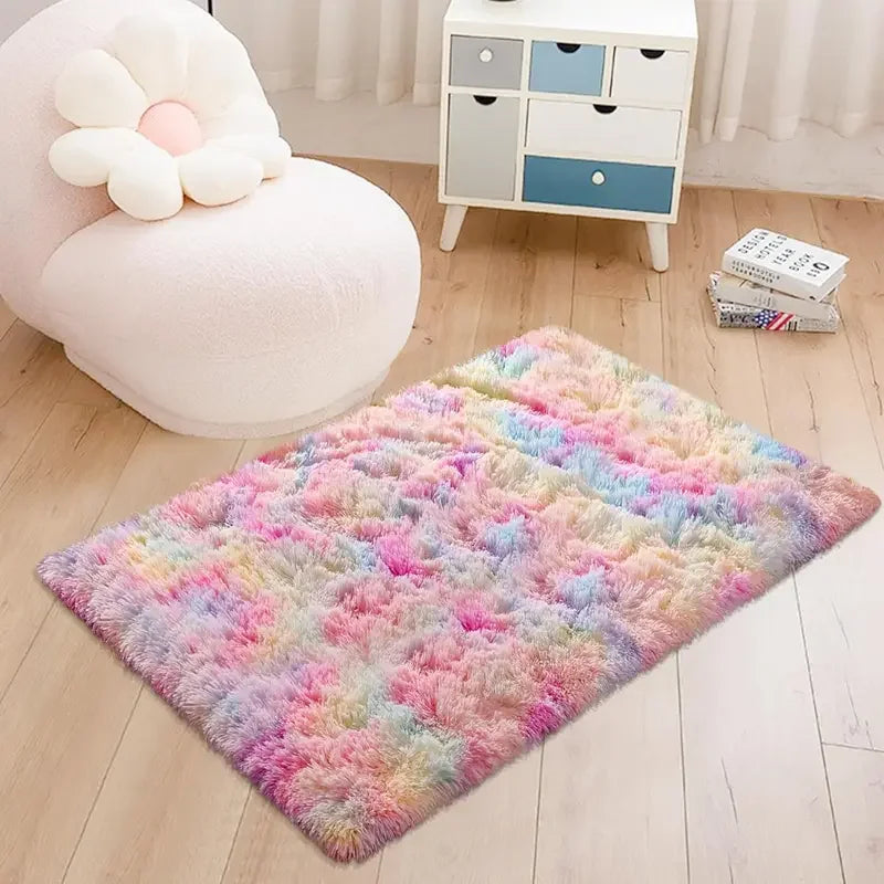VIKAMA Children'S Room Mat Home Decor Living Room Mat Tie-Dye Gradient Silk Wool Carpet Entry By Mat Plush Soft Fluffy