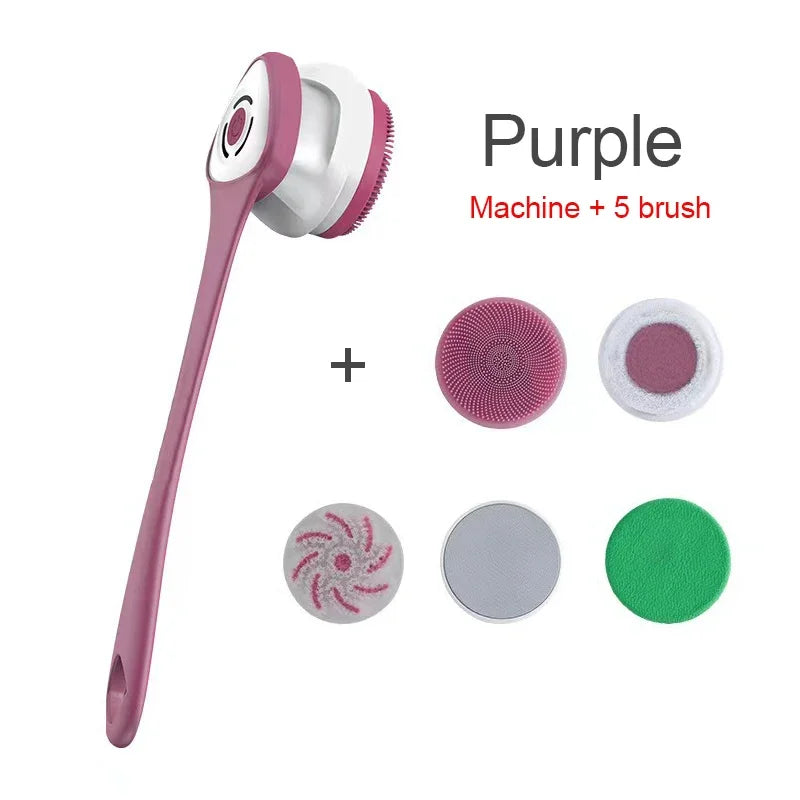 5 in 1 Electric Shower Cleaning Brush Set Rechargeable Long Handle Silicone Back Rubbing Brush for Bath Body Cleaning & Massage