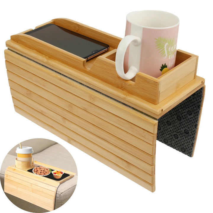 Bamboo Sofa Armrest Cup Holder Tray with Storage Organizer