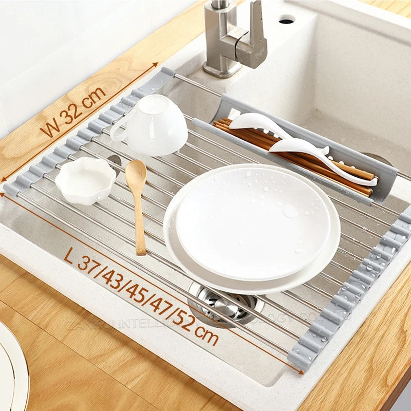 Roll Up Dish Drying Rack over sink,304 Stainless Steel Dish Drainer Shelf Organizer Tableware Plate Storage,Kitchen accessories