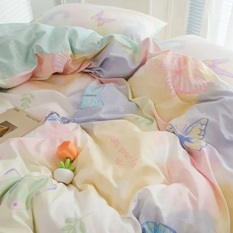 Pink Flowers Duvet Cover Set Ins Fashion Single Queen Size Girls Boys Flat Sheet Pillowcase No Filler Home Decor Bedding Set